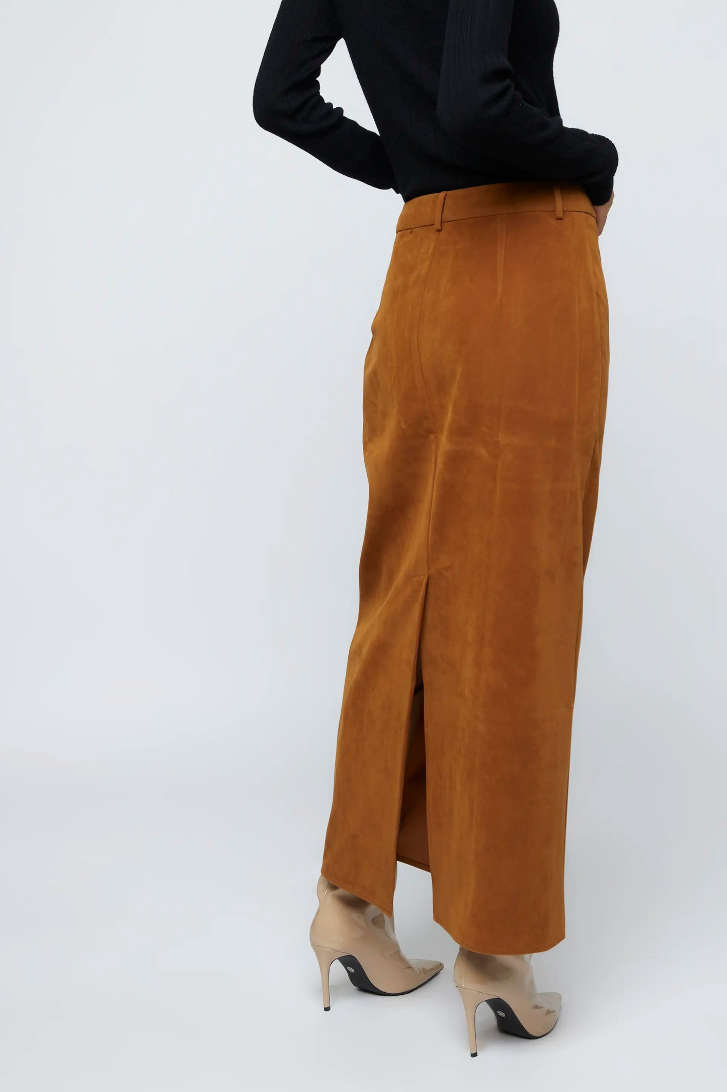 Long camel suede skirt
