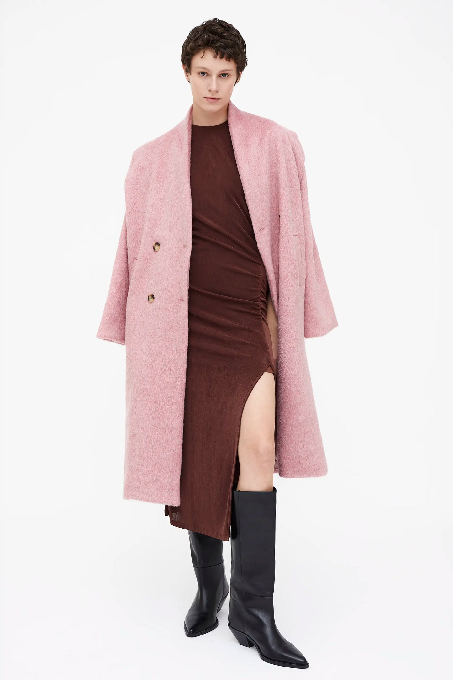 Brown ruched midi dress