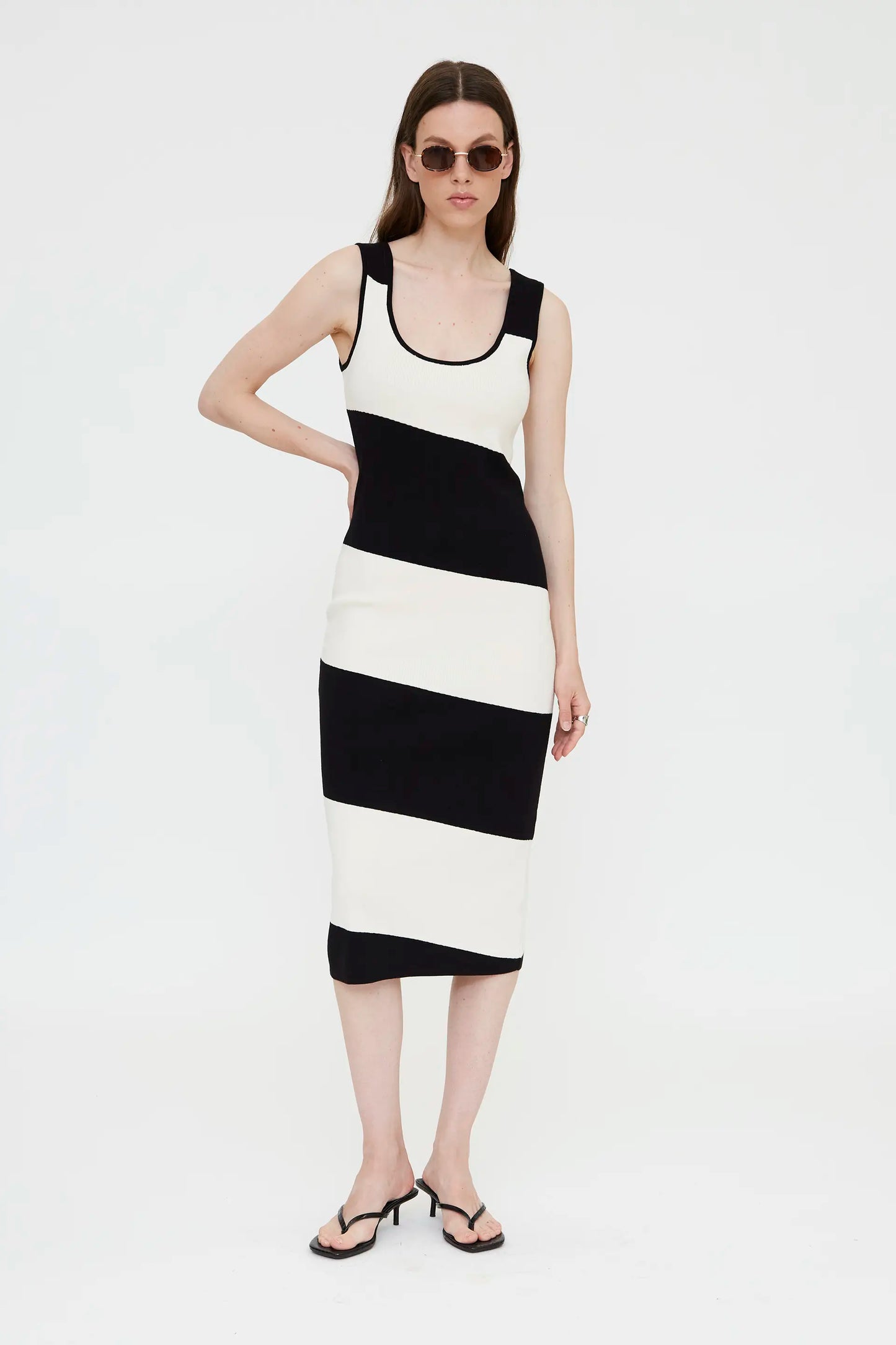 black and white striped knit midi dress