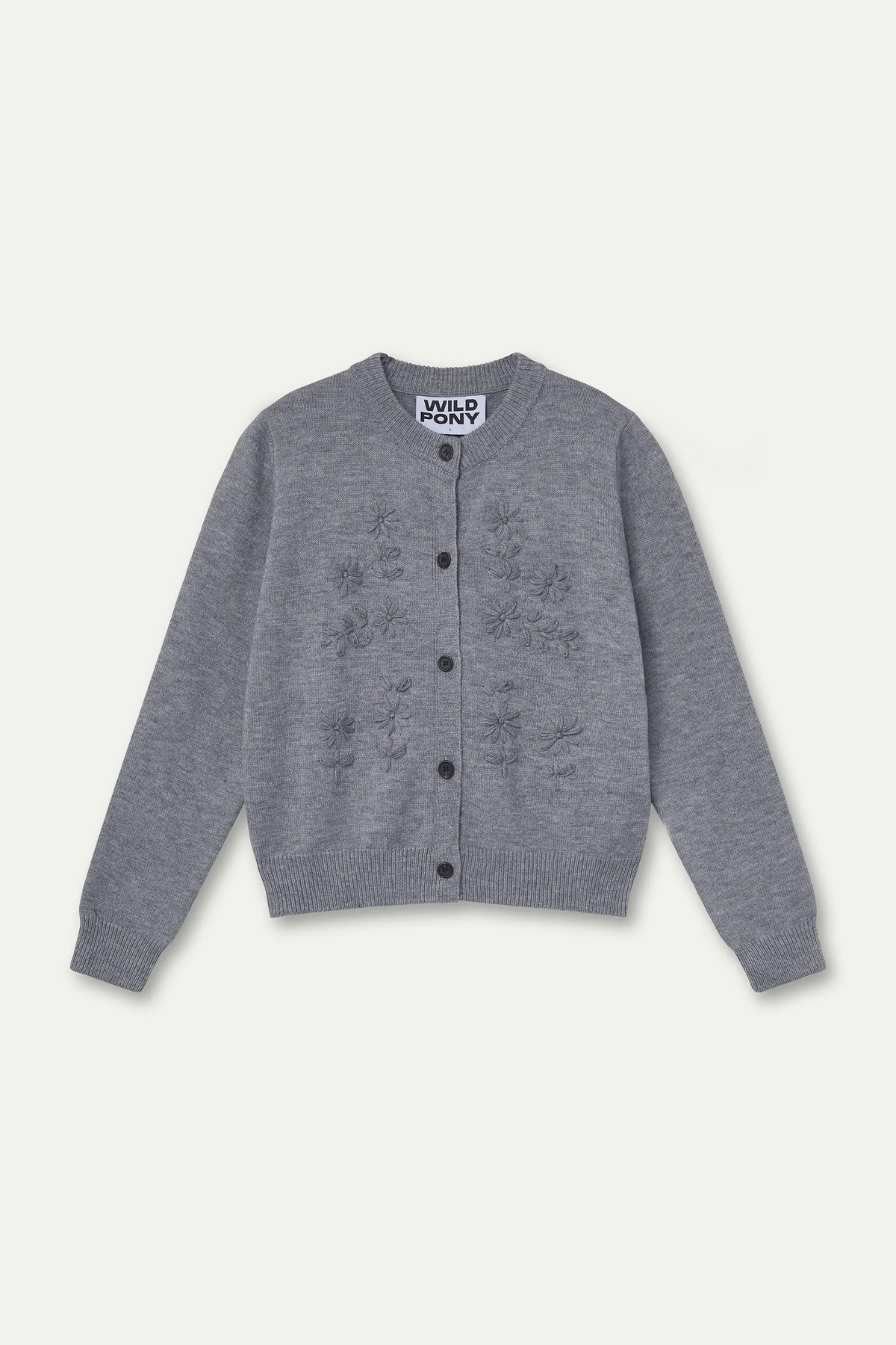 Gray knit cardigan with floral embroidery