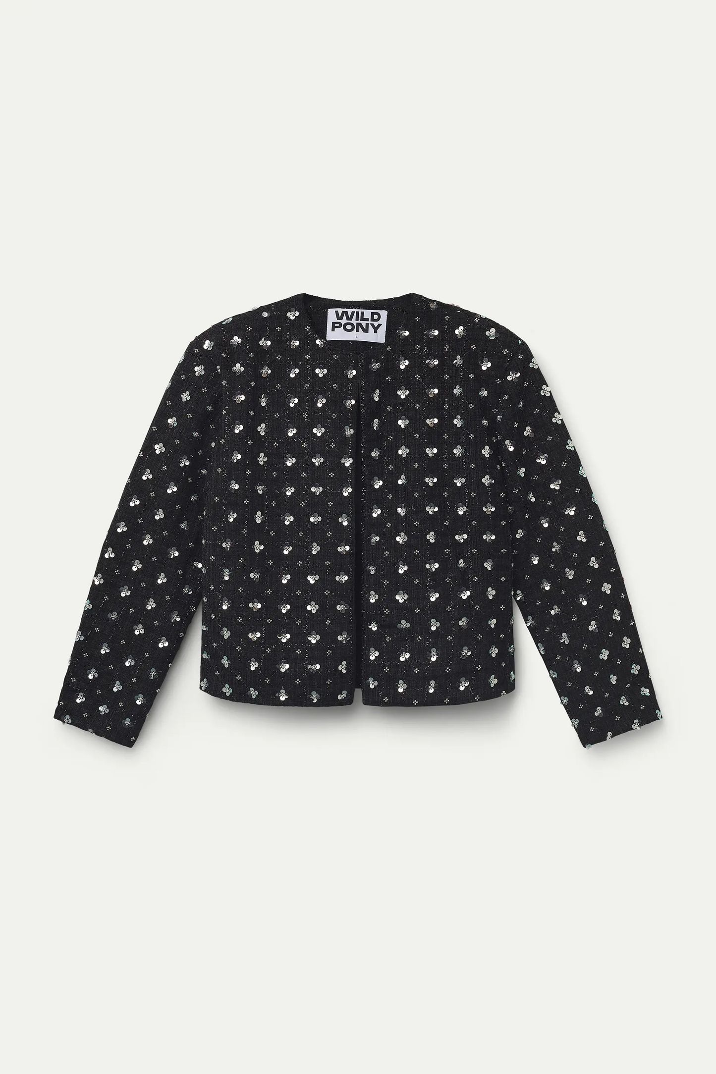 Chaqueta tweed negra con detalles florales