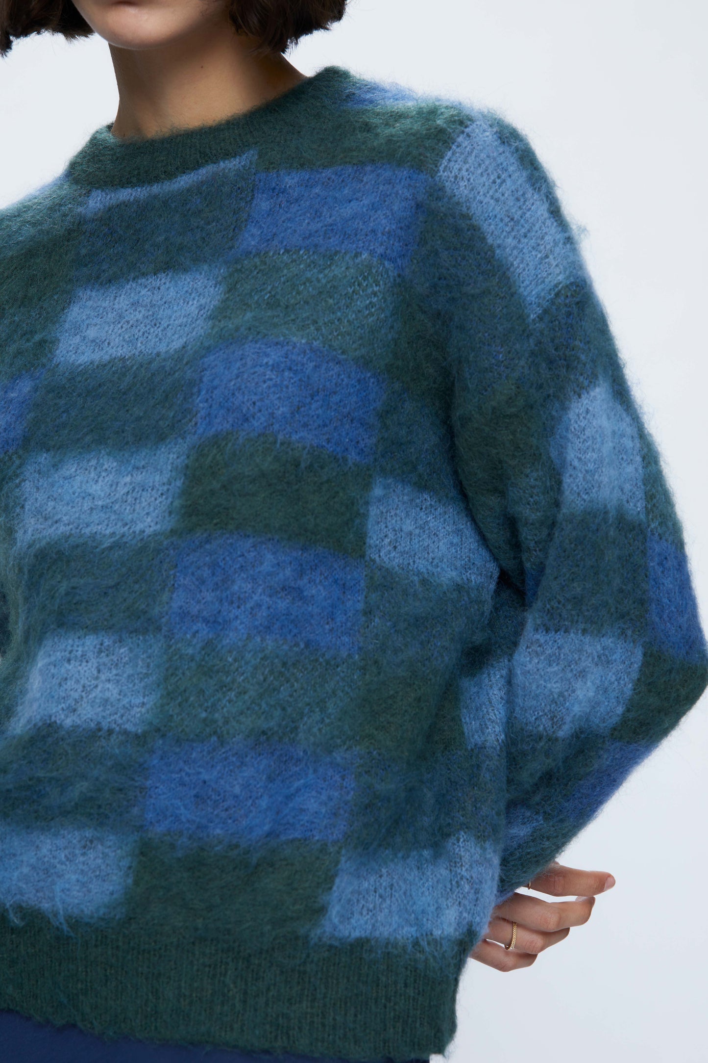 Soft knit sweater with blue check print