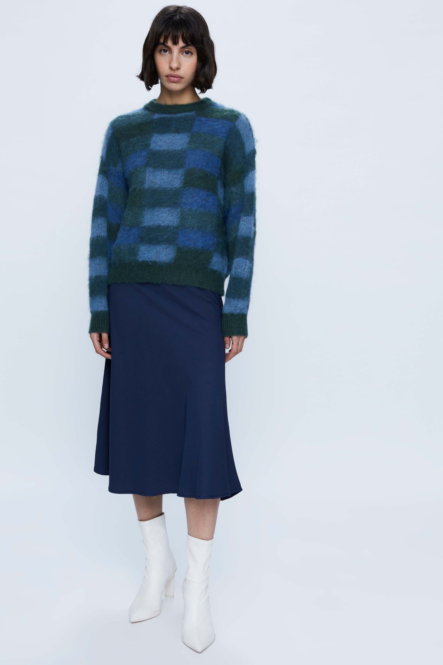 Soft knit sweater with blue check print