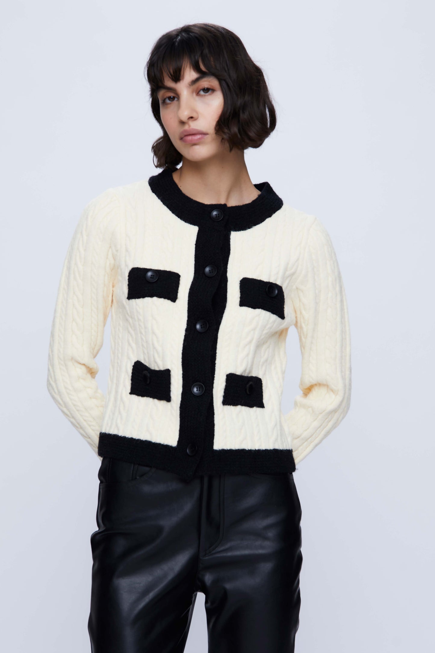 Two-tone cable knit cardigan
