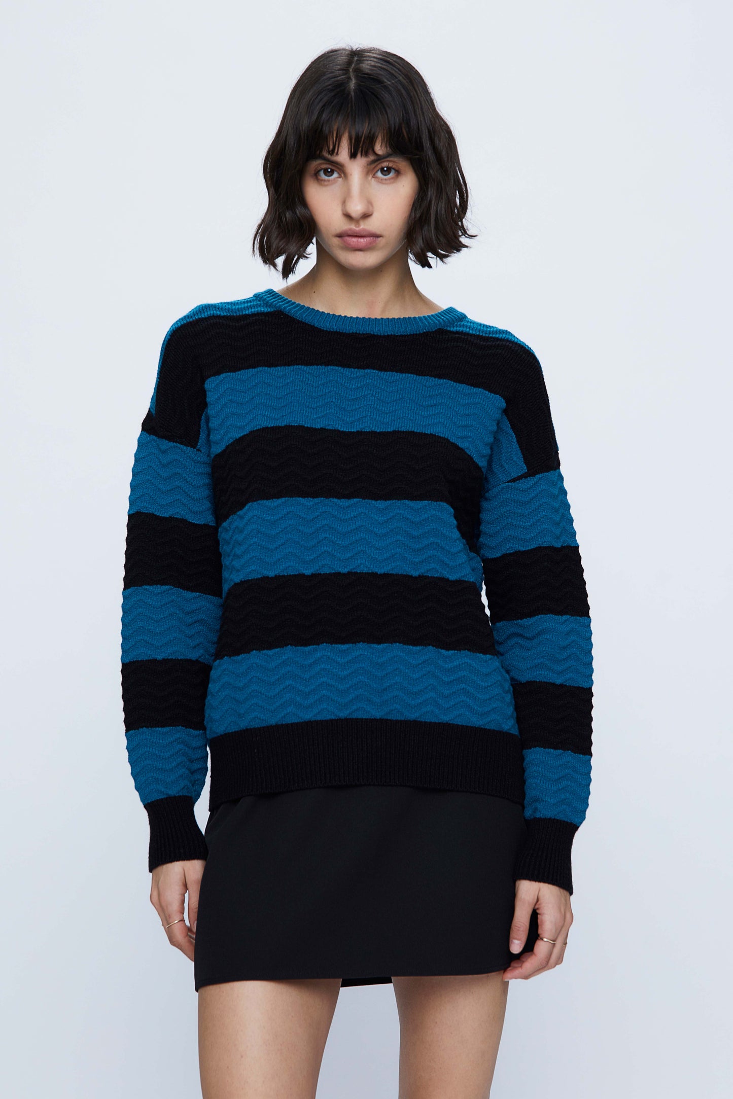 Blue Stripe Print Wave Knit Sweater