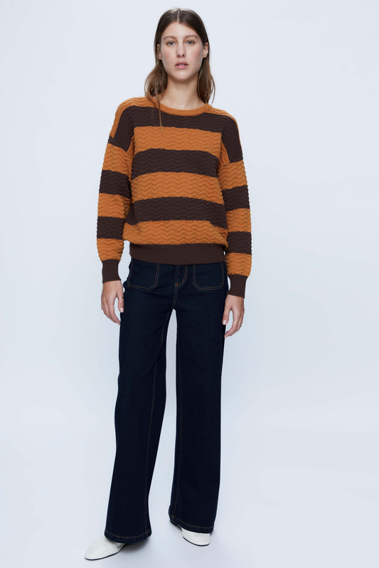 Brown Stripe Print Wave Knit Sweater