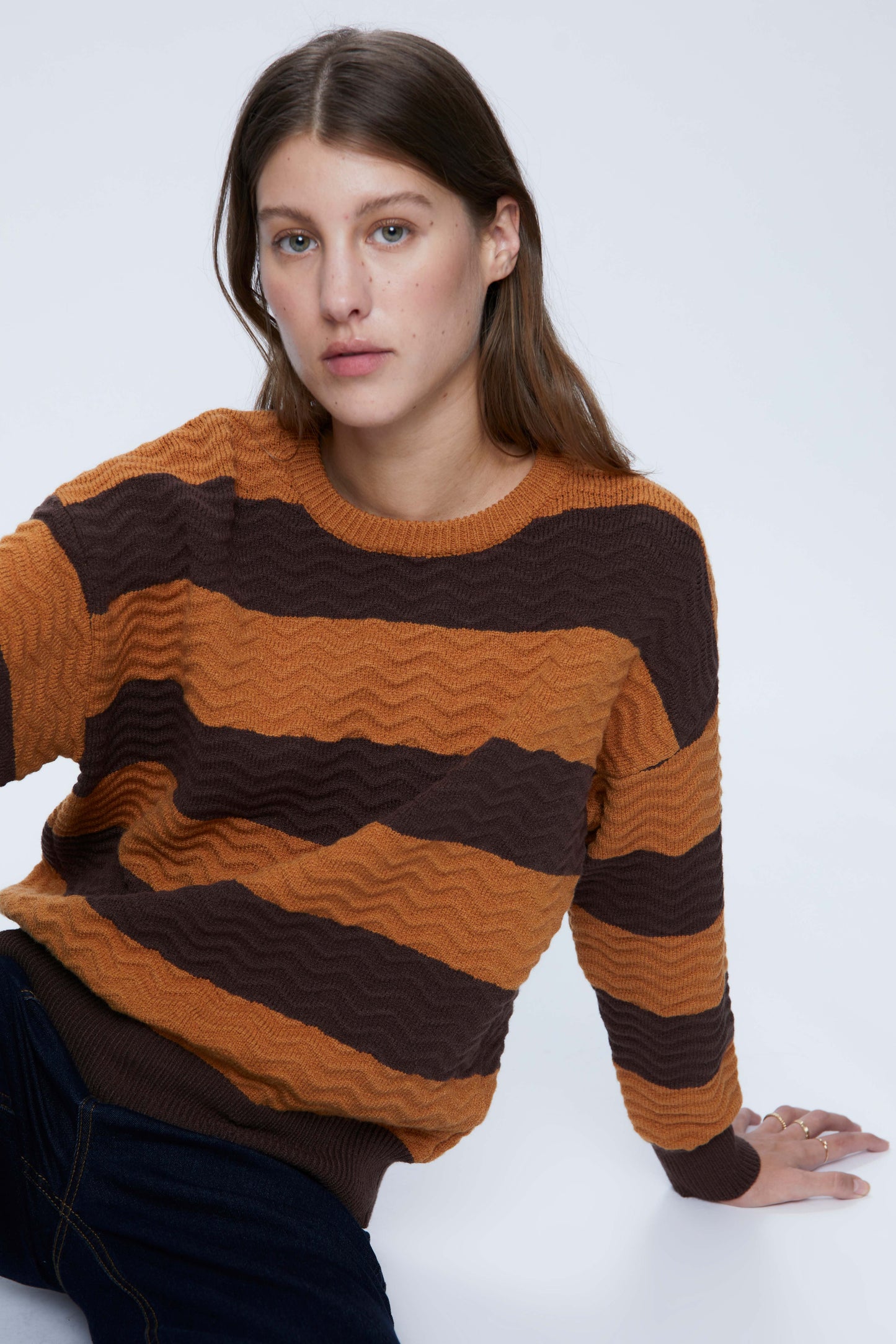 Brown Stripe Print Wave Knit Sweater