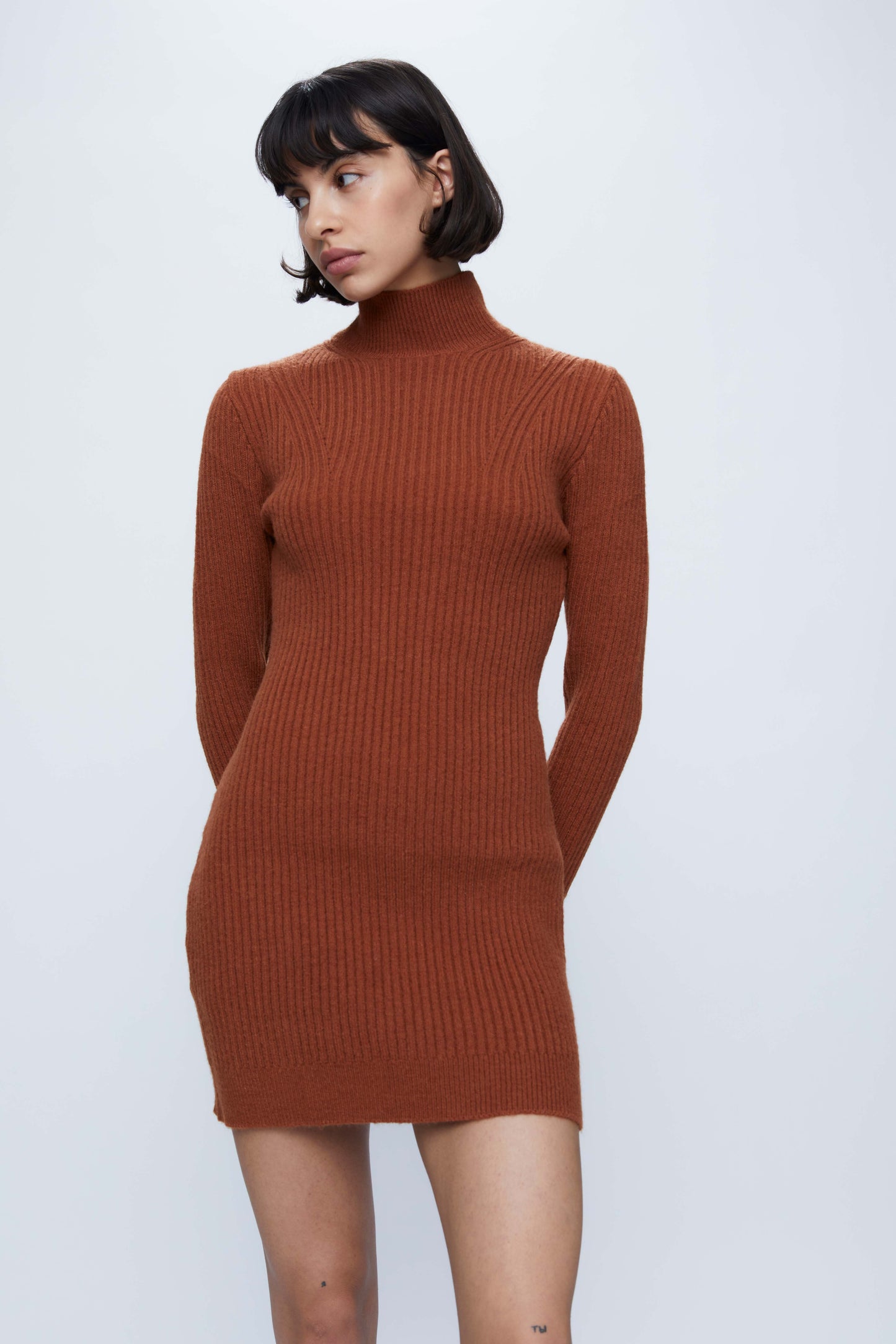Short brown fitted rib knit dress