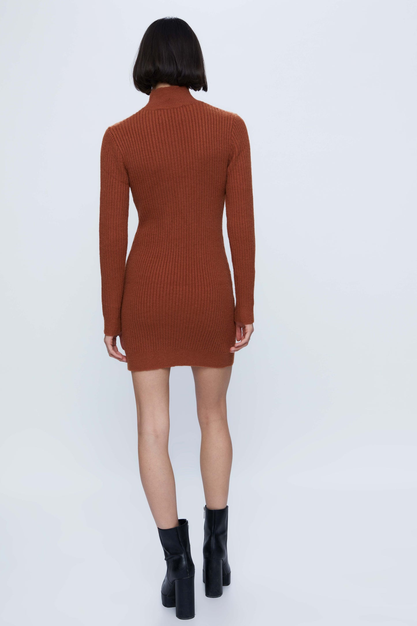 Short brown fitted rib knit dress