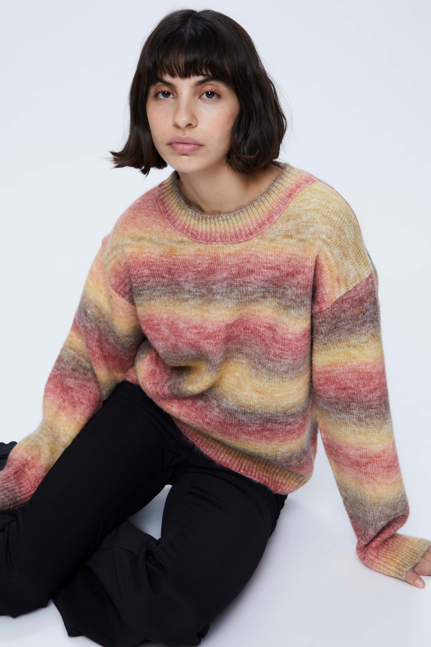 Textured knit sweater with multicolored stripes