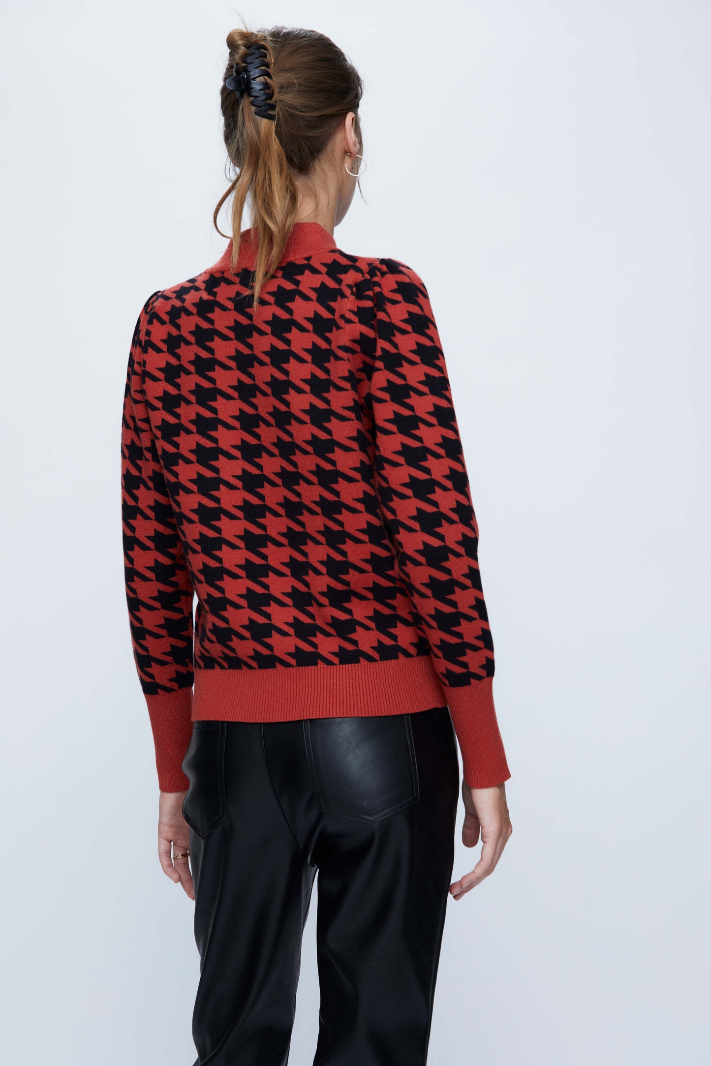 Red Houndstooth Print Knitted Sweater