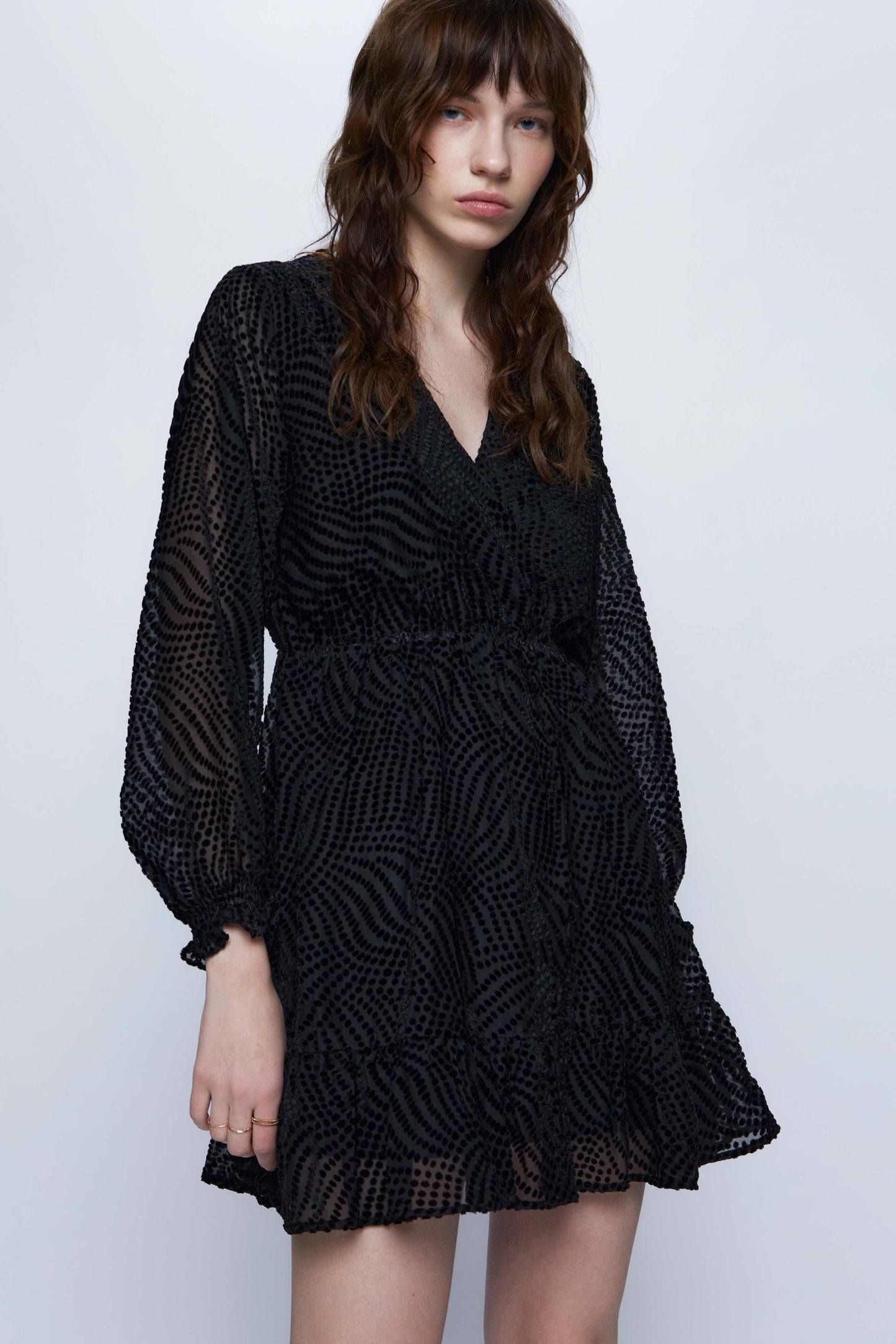 Short wrap dress in black devoré velvet