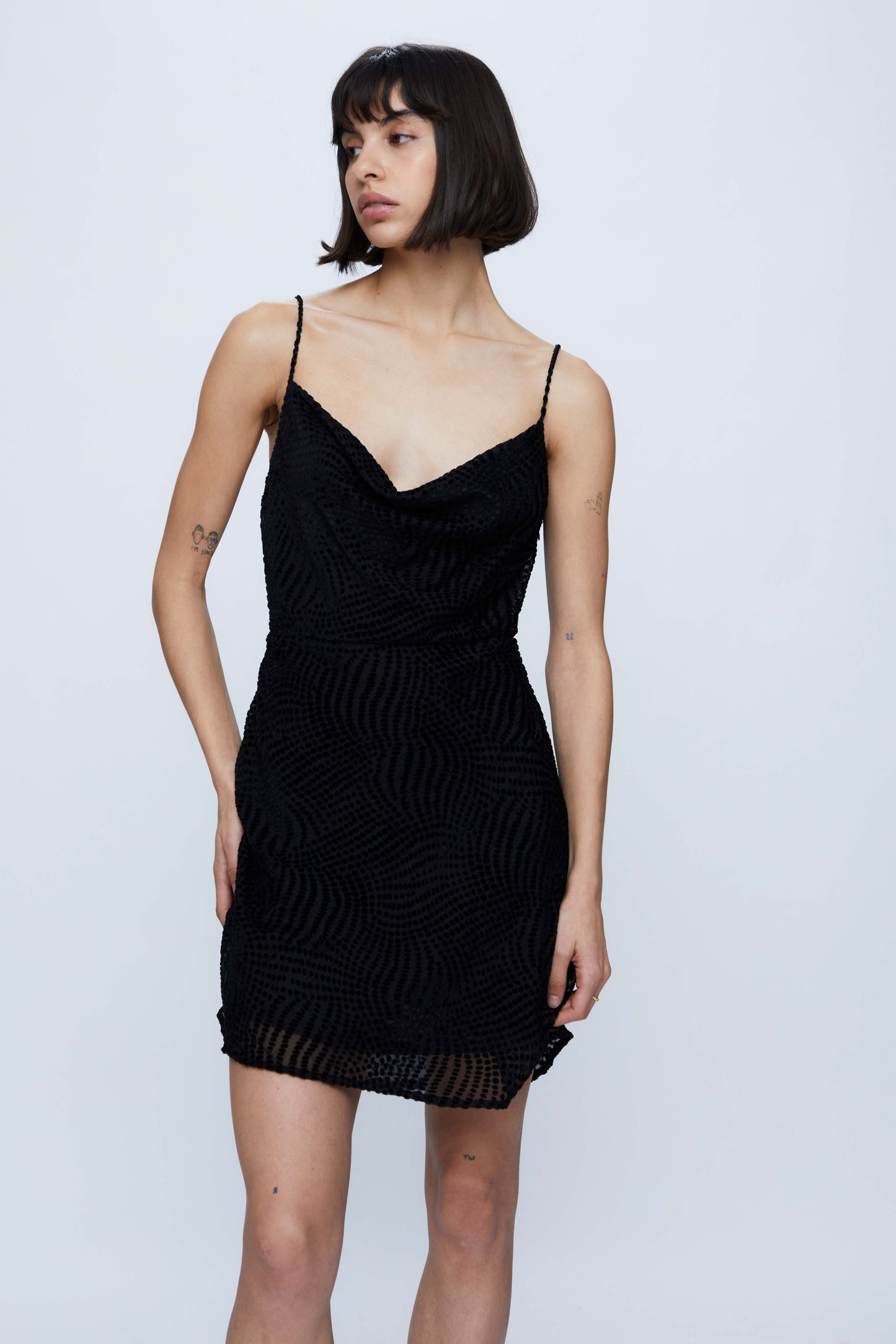 Short black devoré velvet slip dress