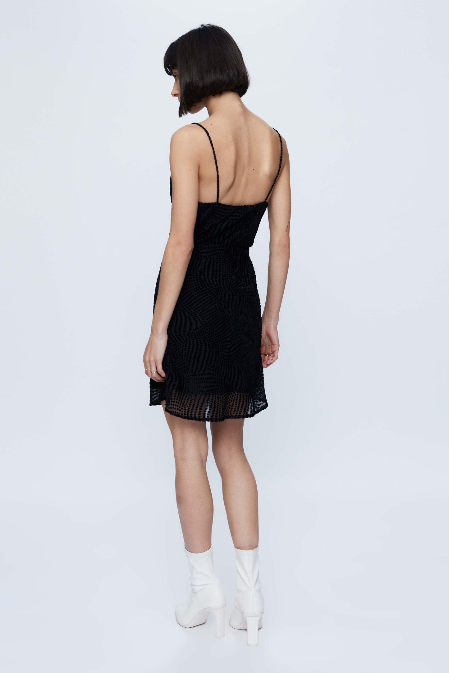 Short black devoré velvet slip dress