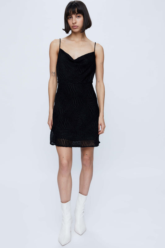 Short black devoré velvet slip dress