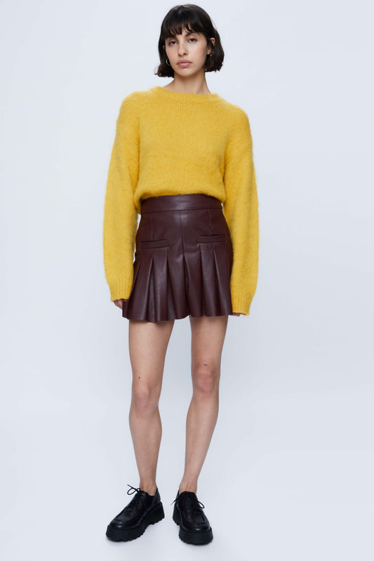 Short brown faux leather pleated skirt