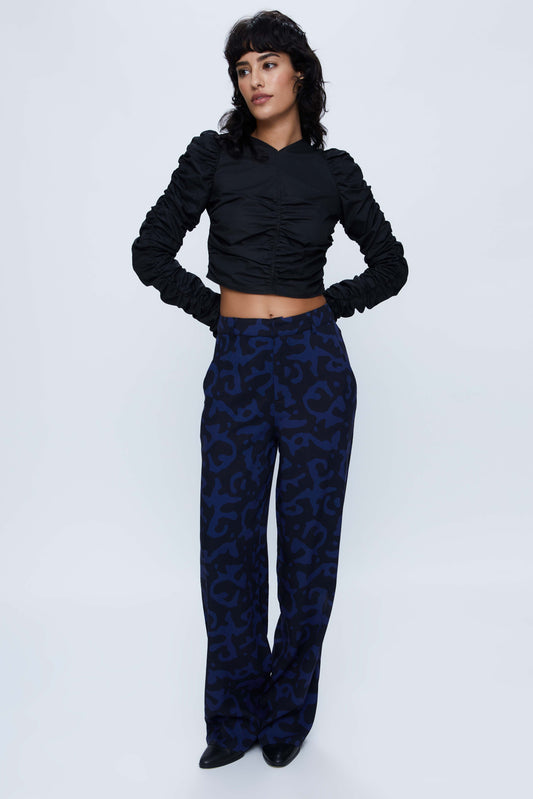 Long straight pants with blue abstract print