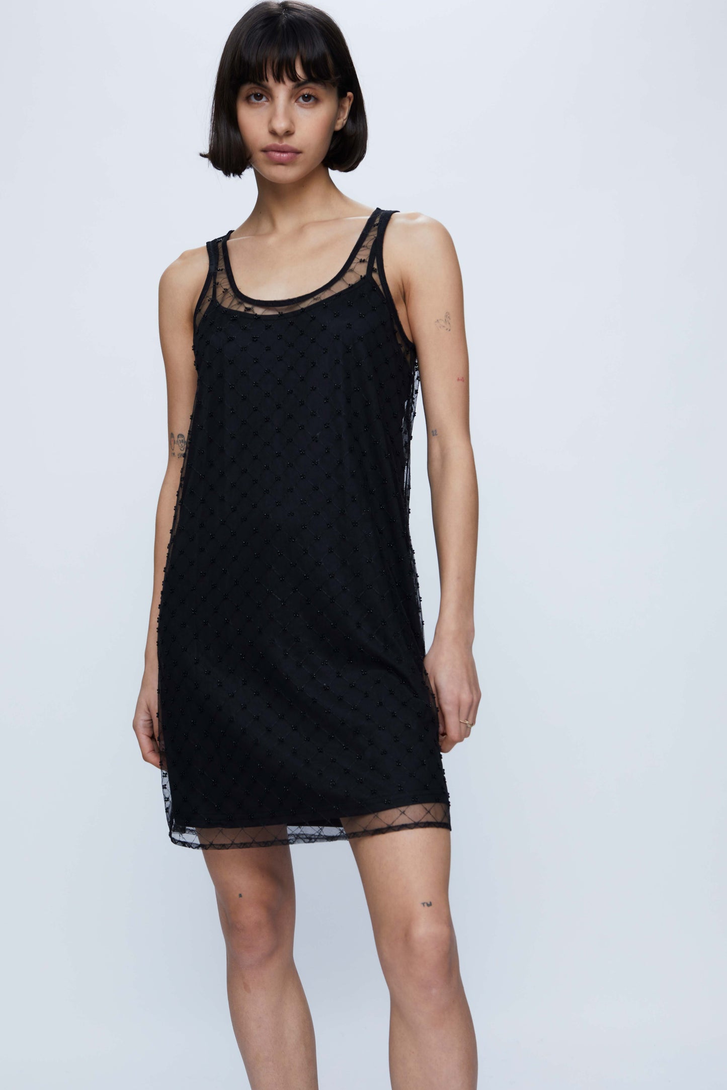 Short black lingerie dress with rhinestone mesh