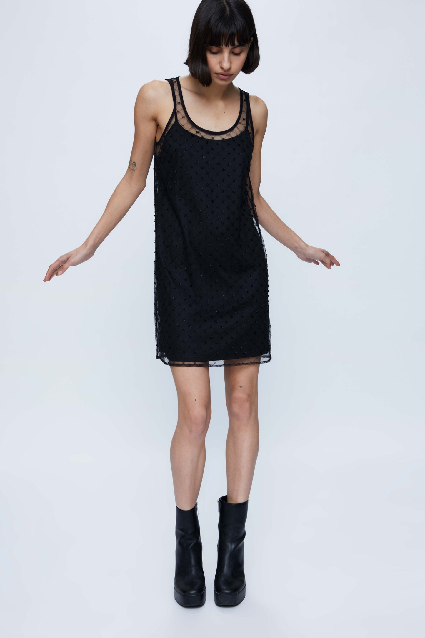Short black lingerie dress with rhinestone mesh