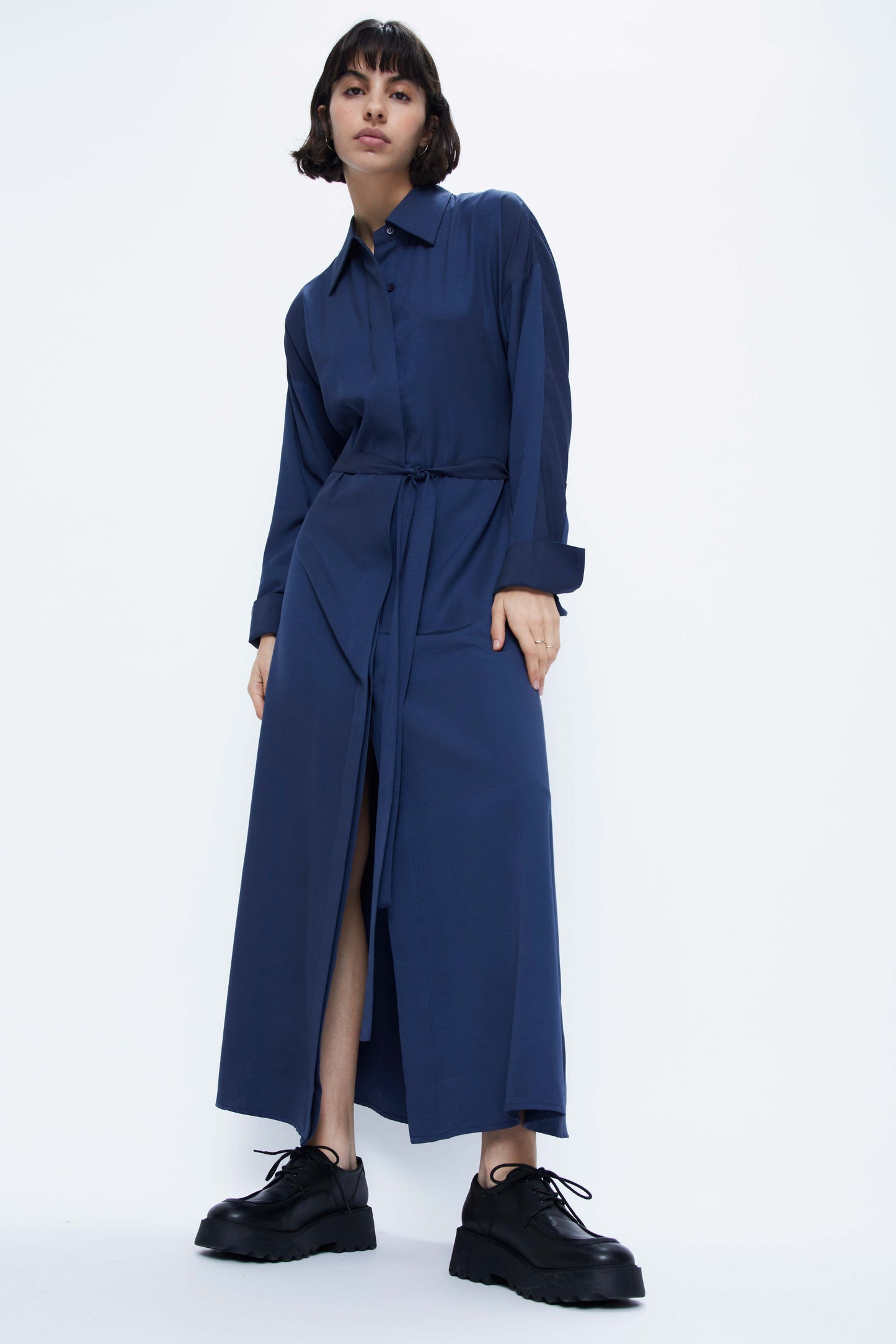 Blue satin shirt midi dress