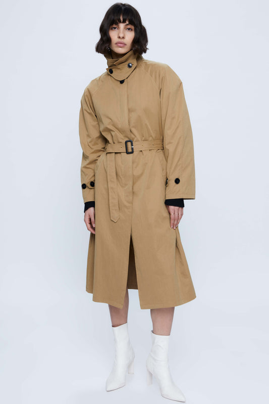 Trench coat with high collar and beige belt