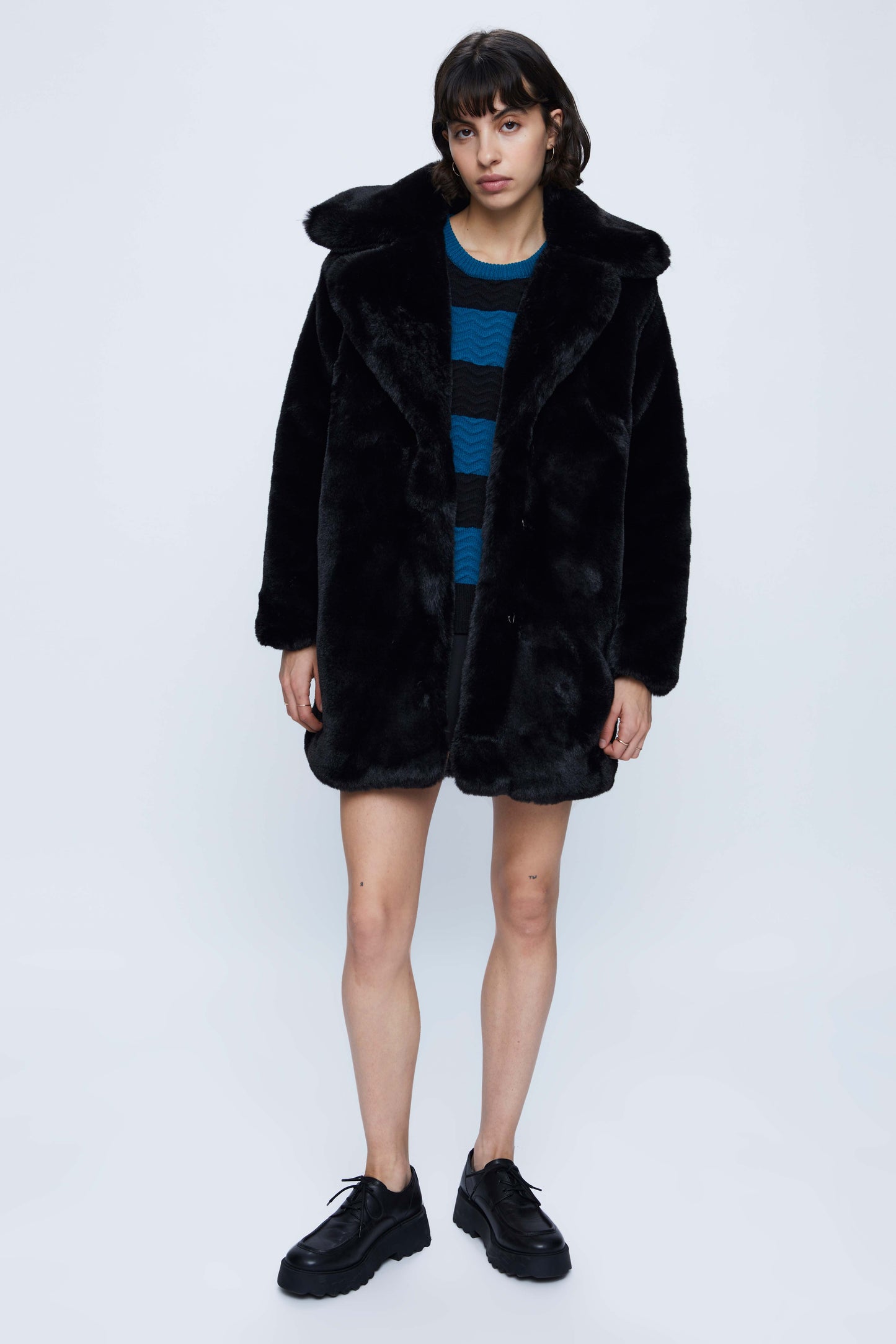 Midi fur coat with black lapel collar