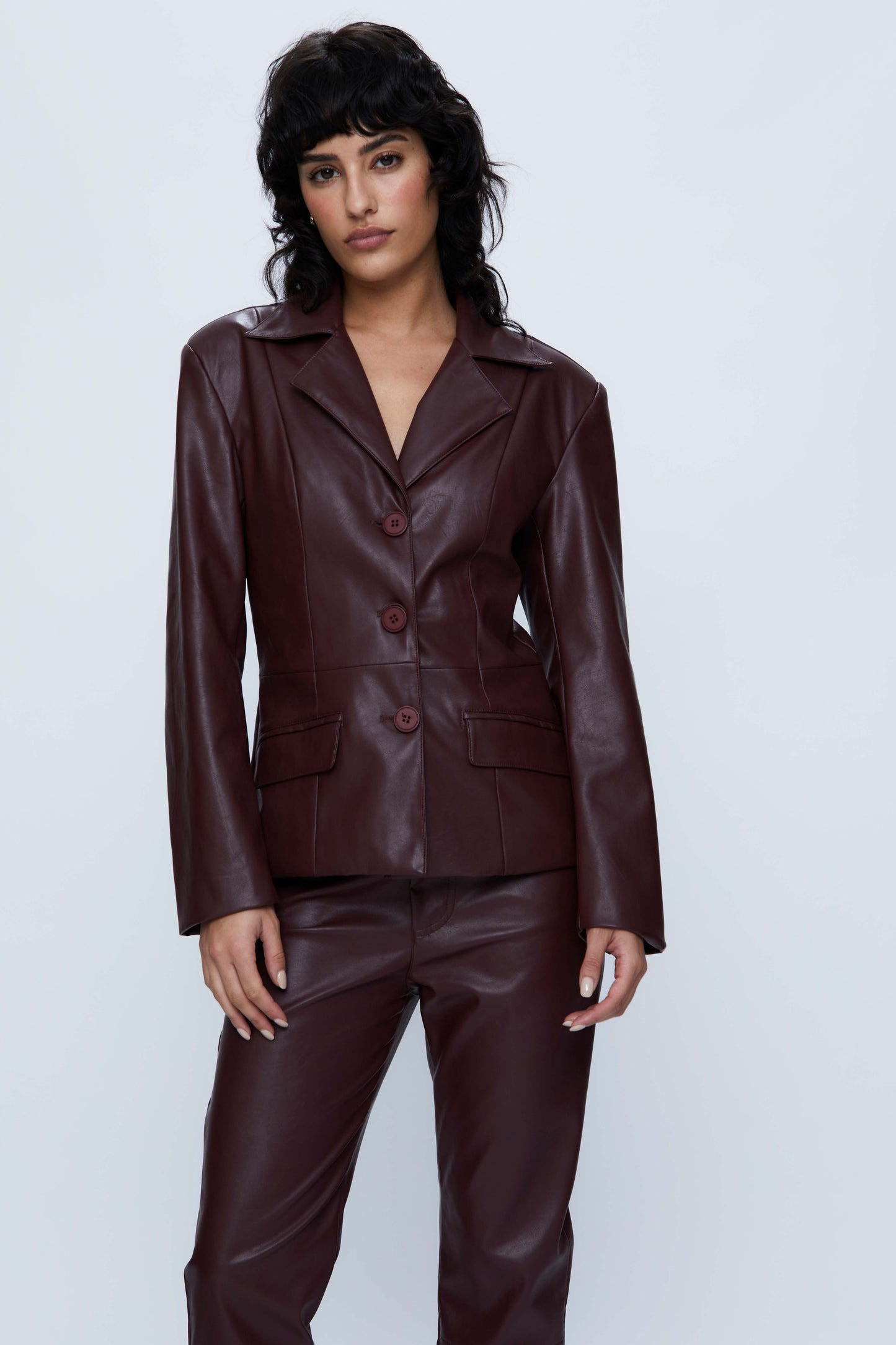 Brown Faux Leather Suit Blazer