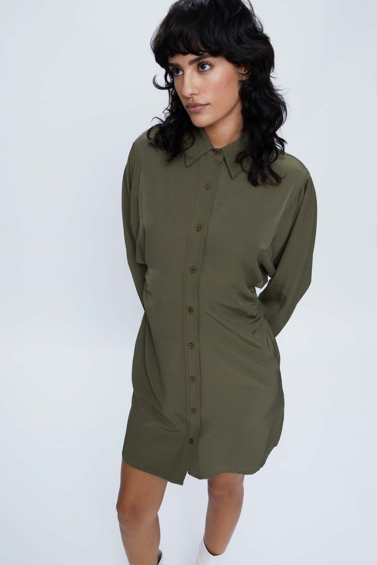 Short green puff sleeve shirt dress