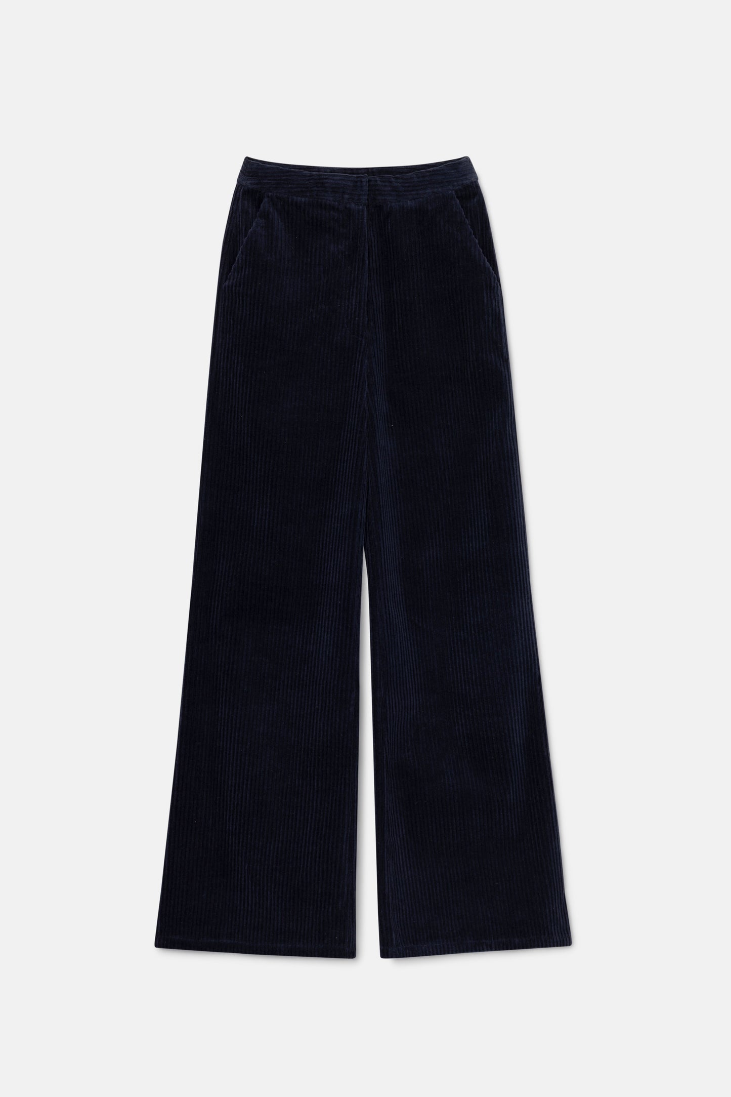 Long blue high-waist corduroy pants
