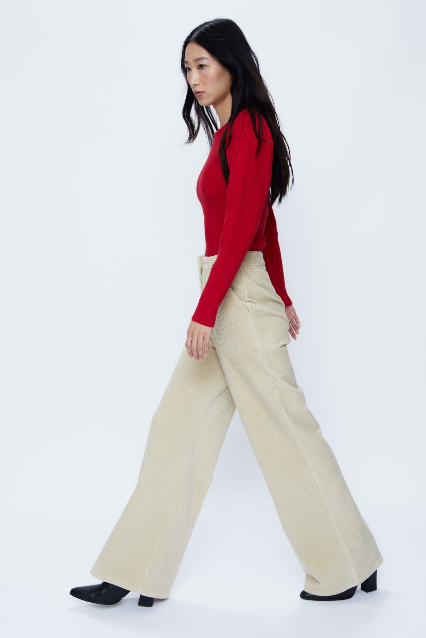 Long white corduroy pants with high waist