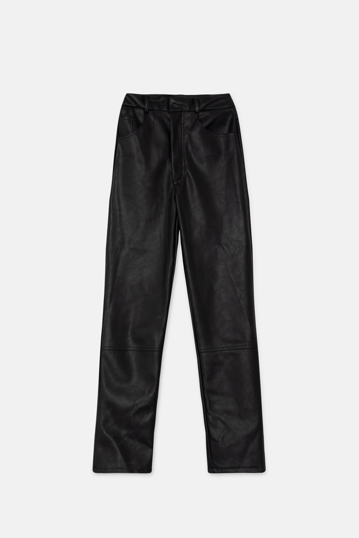 Long straight black faux leather pants