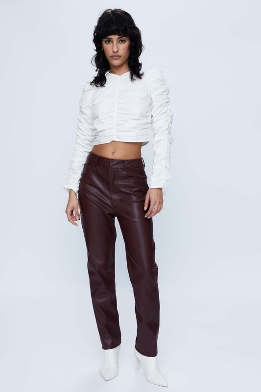 Long straight maroon faux leather pants