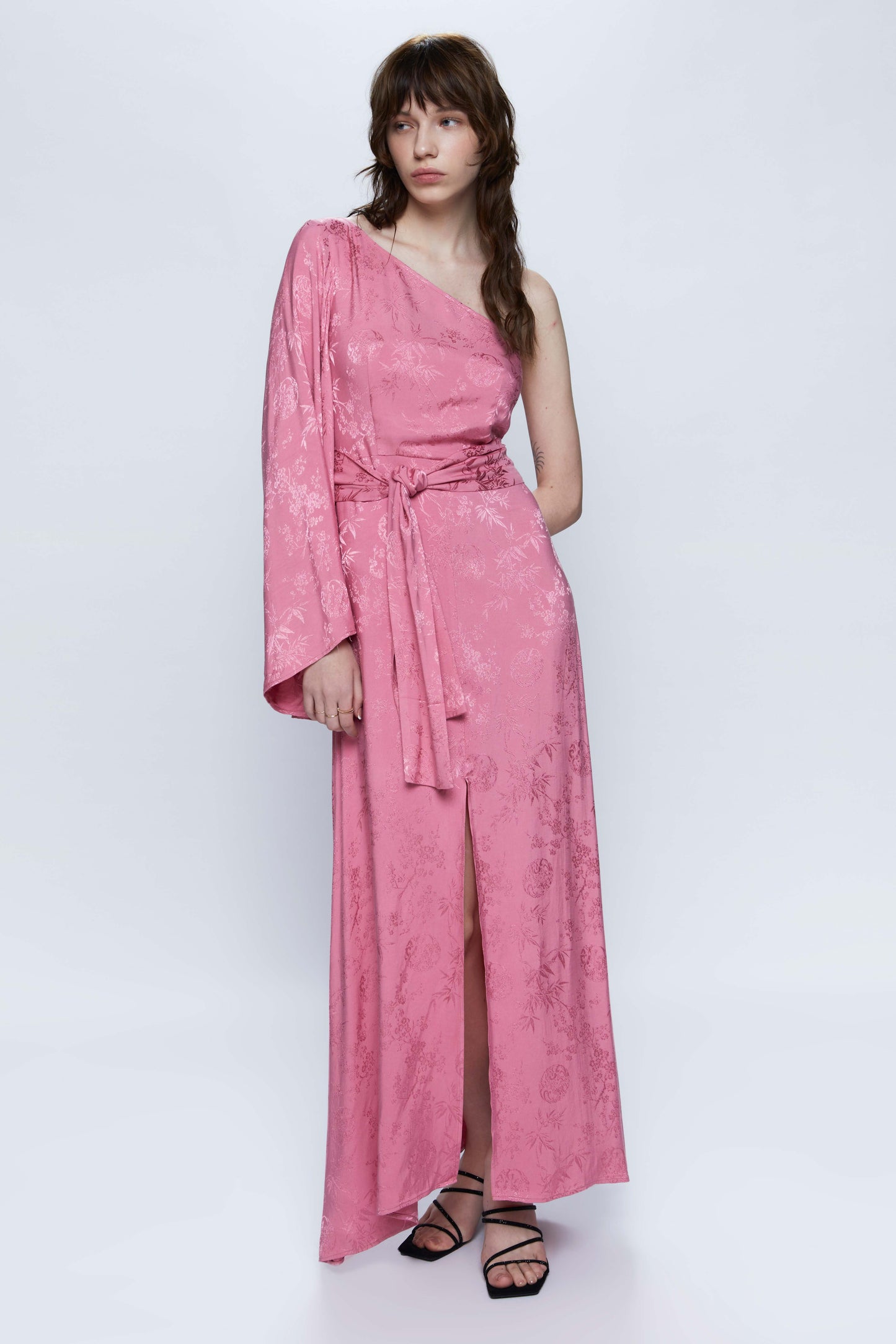 Pink jacquard asymmetrical midi dress