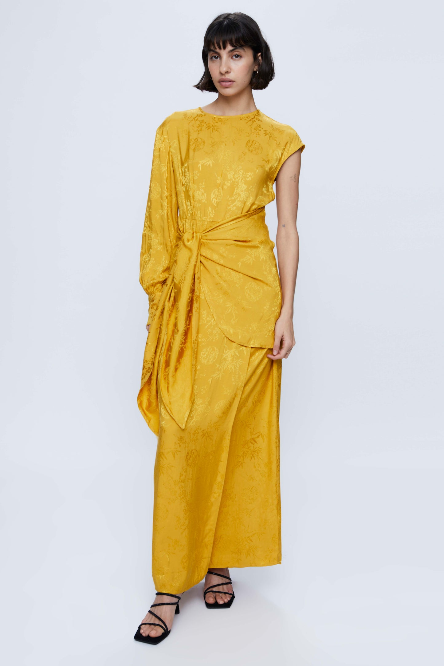Asymmetrical midi dress in yellow jacquard