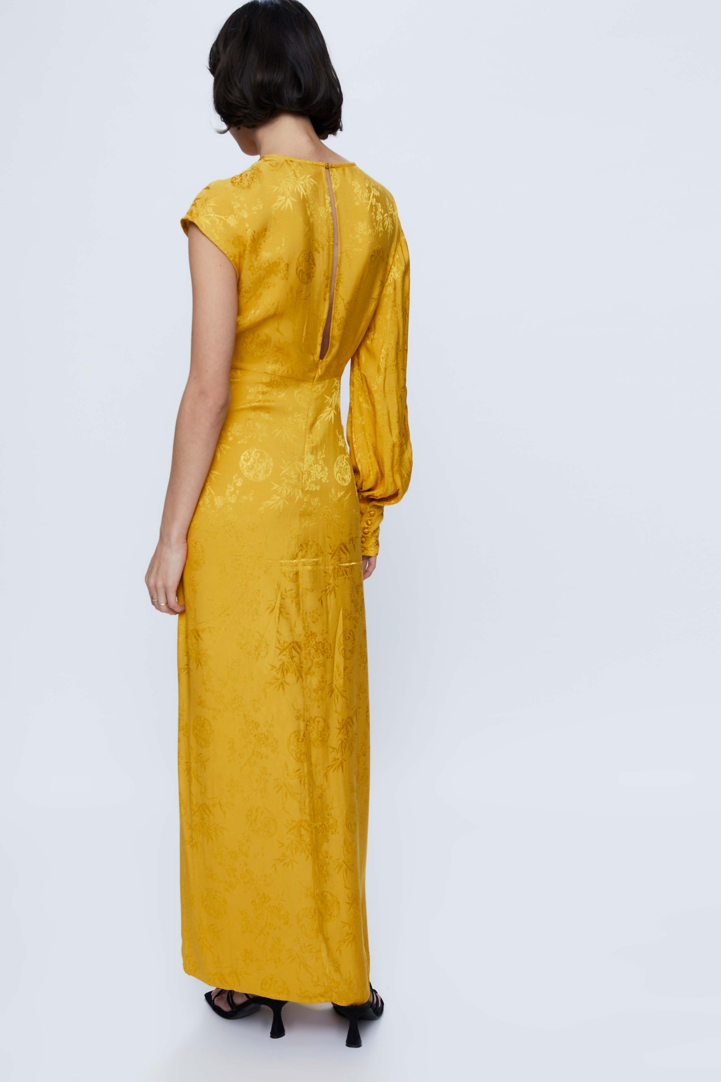 Asymmetrical midi dress in yellow jacquard