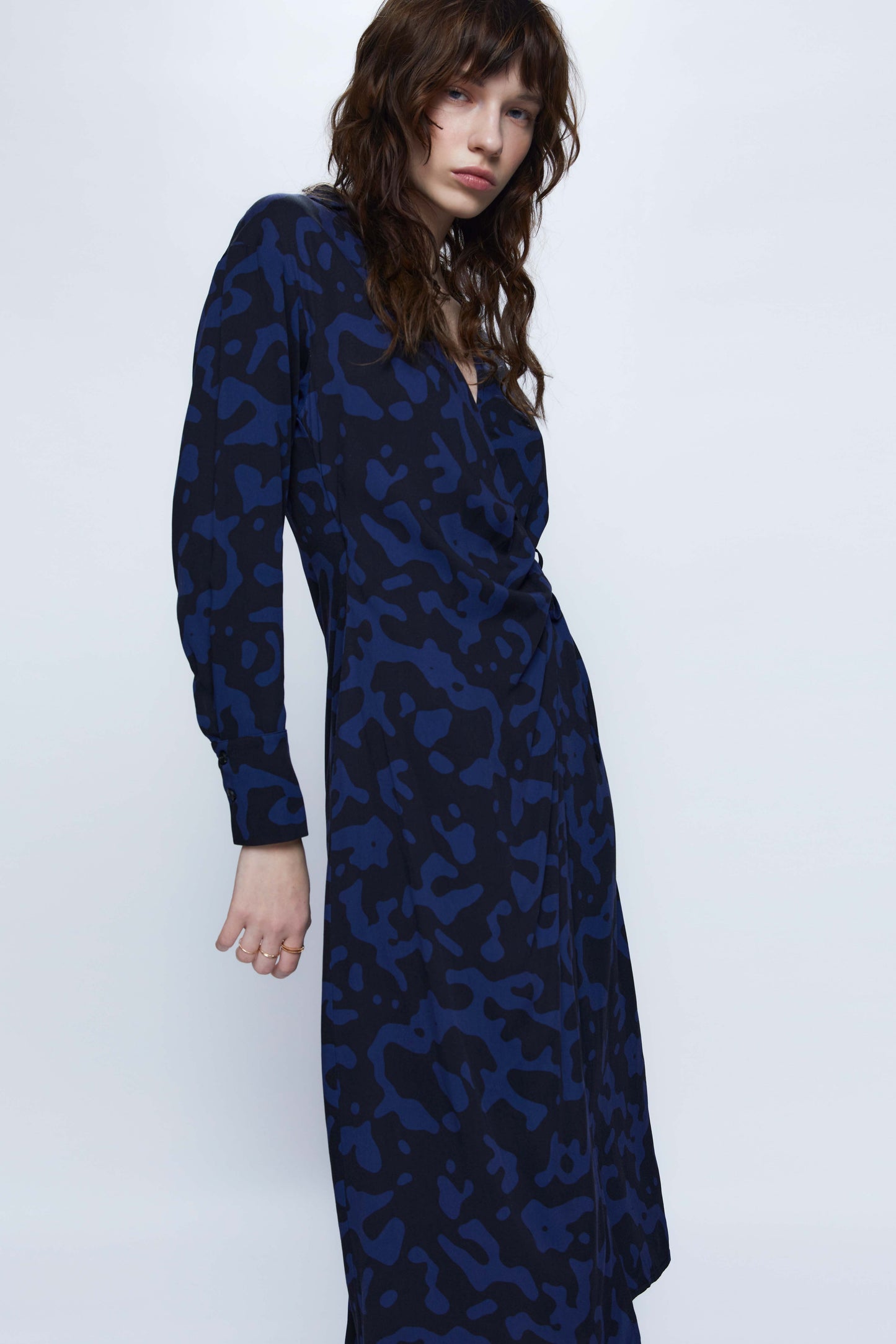 Blue abstract print wrap midi dress