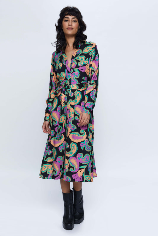 Midi shirt dress with multicolored paisley print