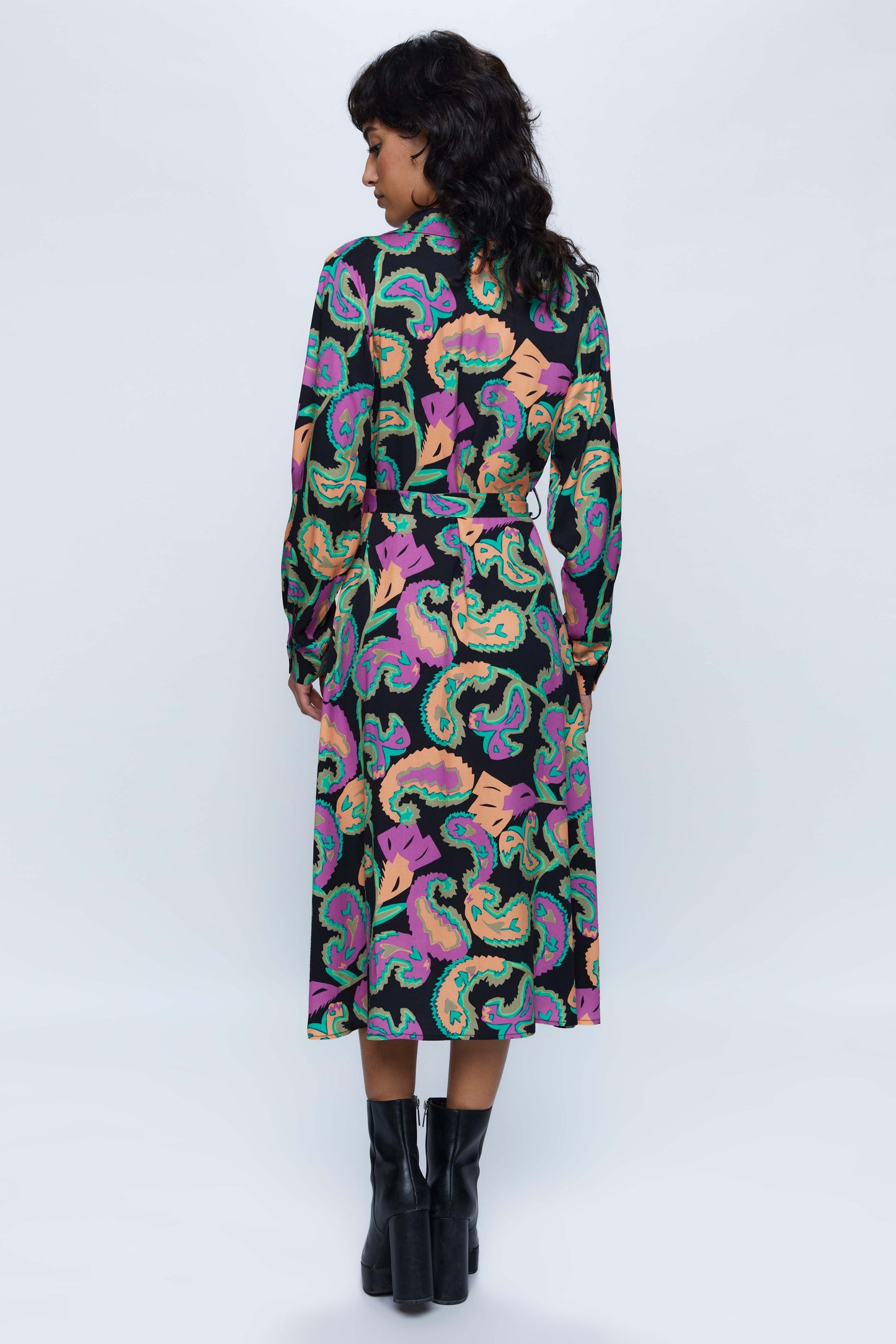 Midi shirt dress with multicolored paisley print