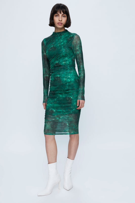Green Print Mesh Midi Dress