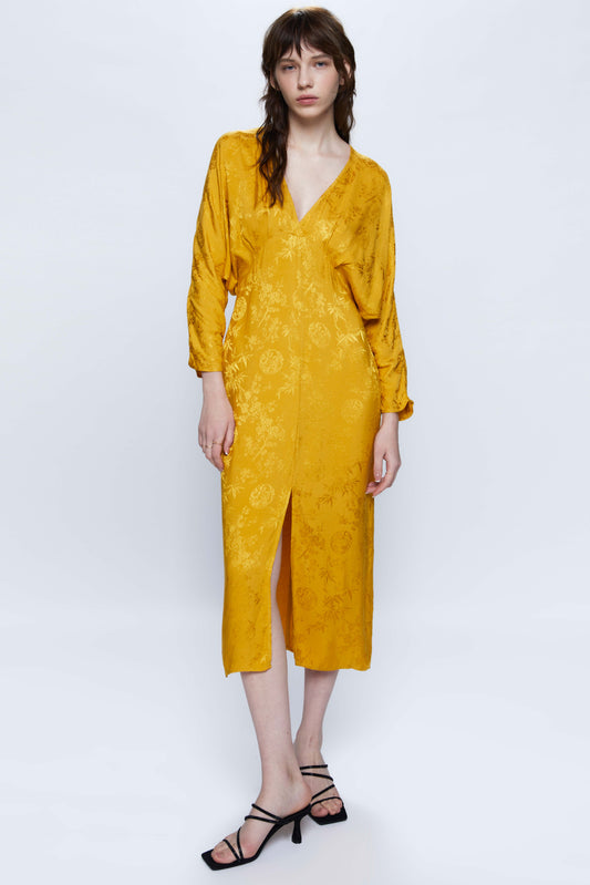 Yellow jacquard midi dress with V-neckline