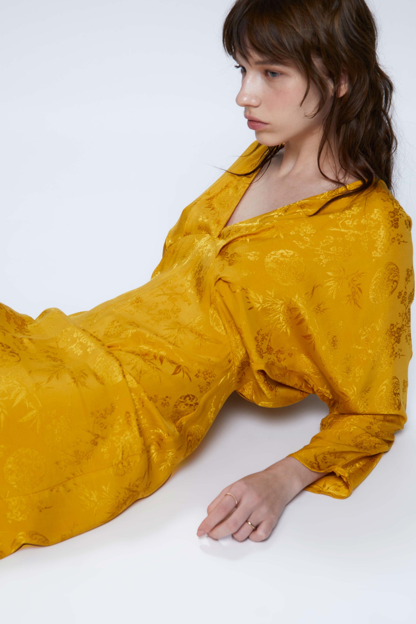 Yellow jacquard midi dress with V-neckline