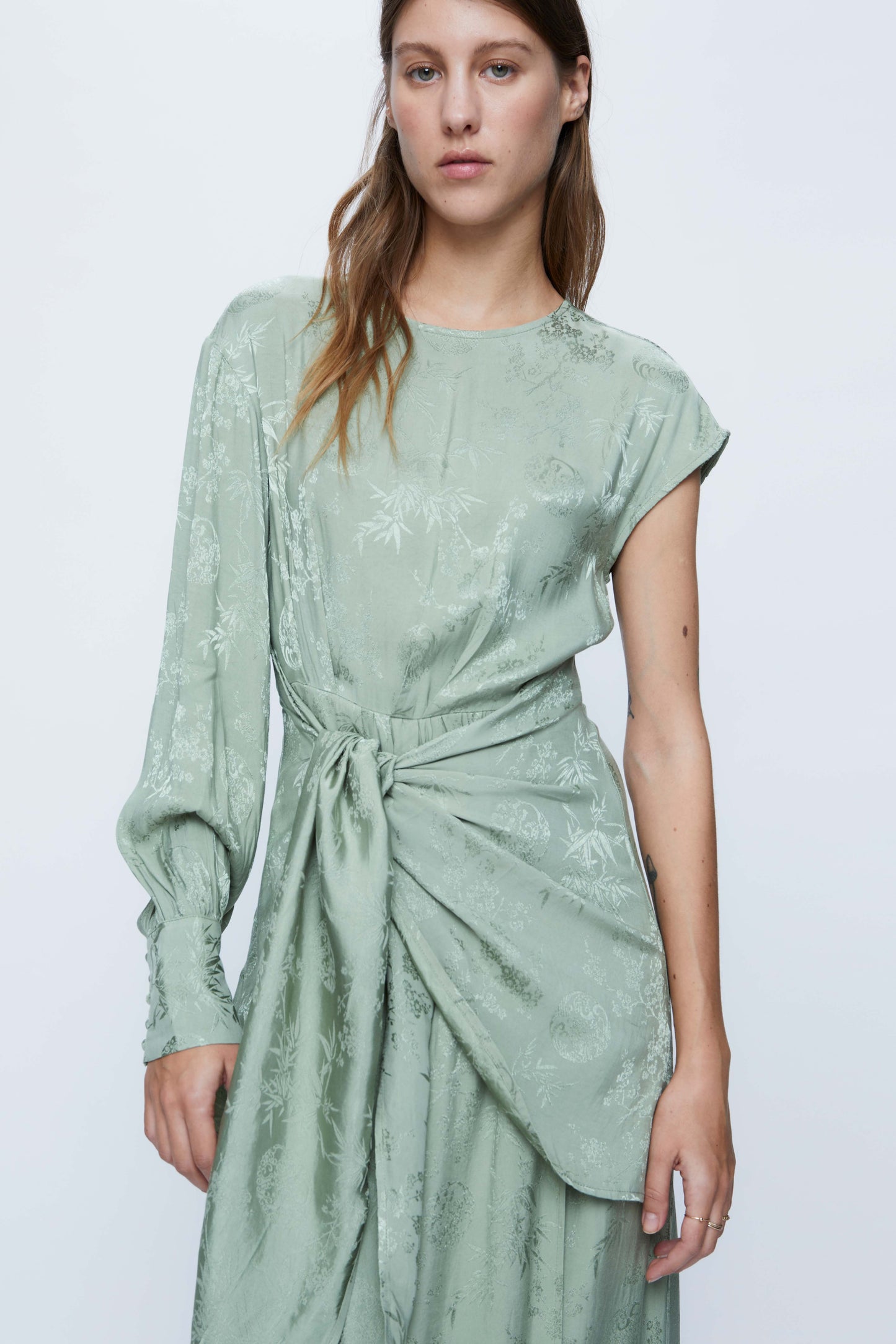 Green jacquard asymmetrical midi dress