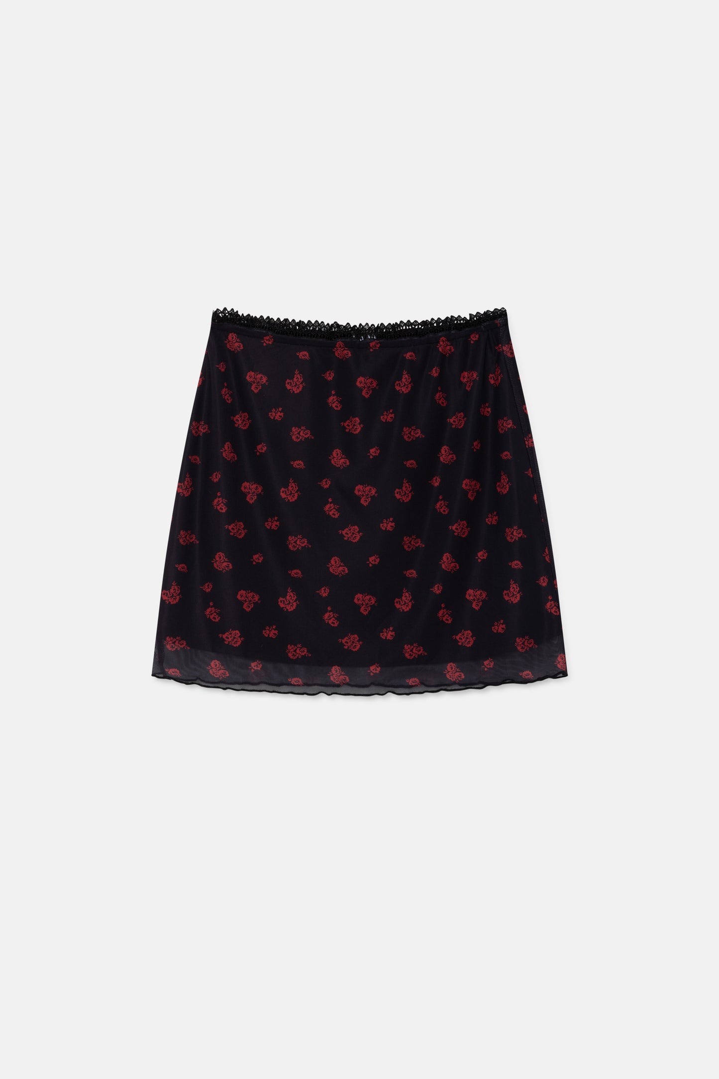 Falda corta de malla con estampado de flores rojas