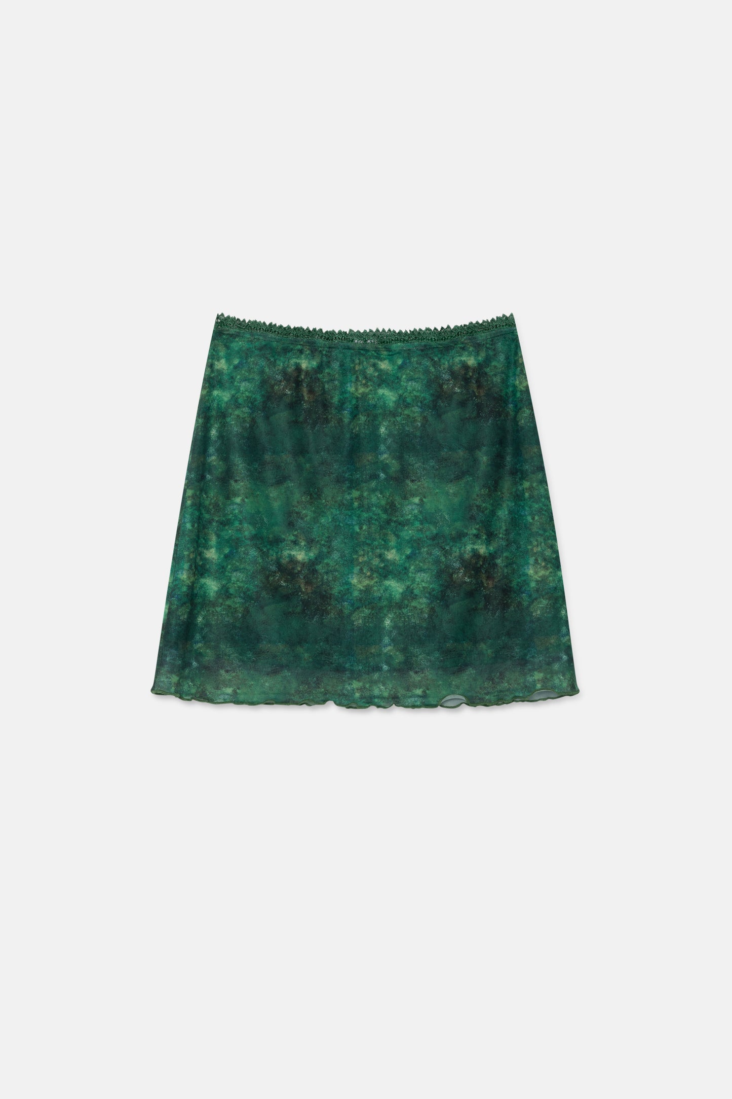 Short mesh skirt with green print