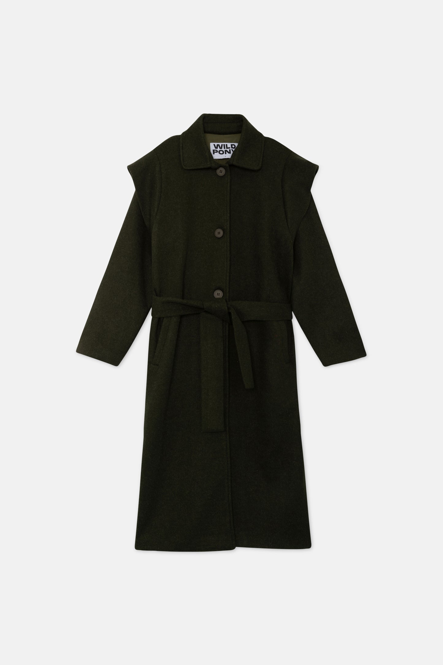 Long coat with green shoulder pads