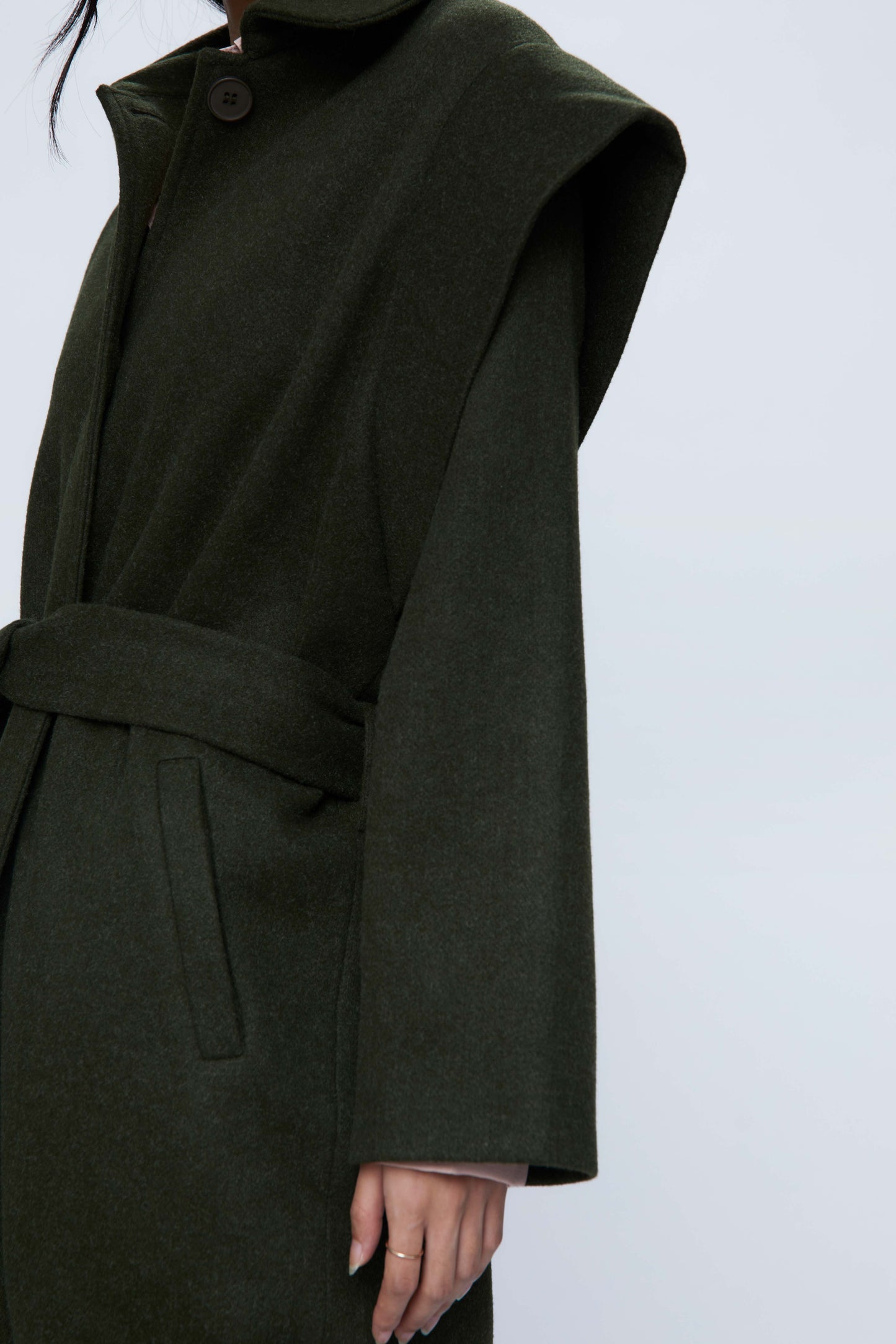 Long coat with black shoulder pads