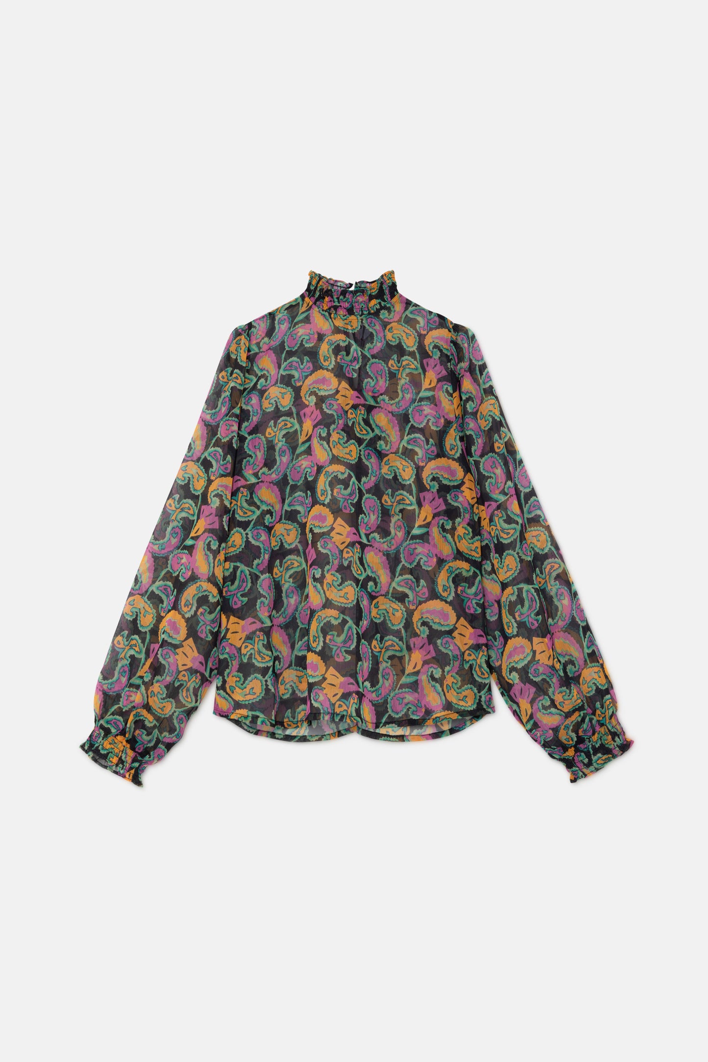 Semi-transparent blouse with multicolored paisley print