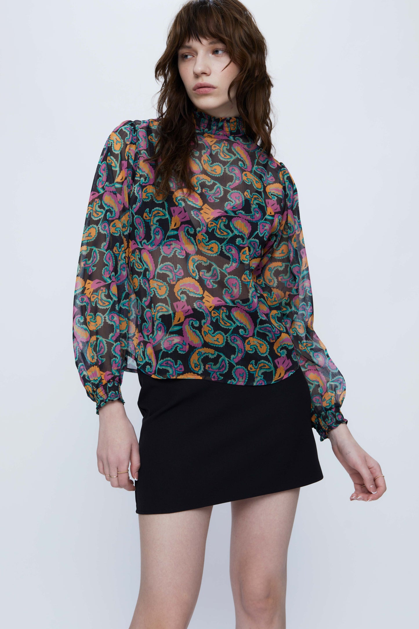 Semi-transparent blouse with multicolored paisley print
