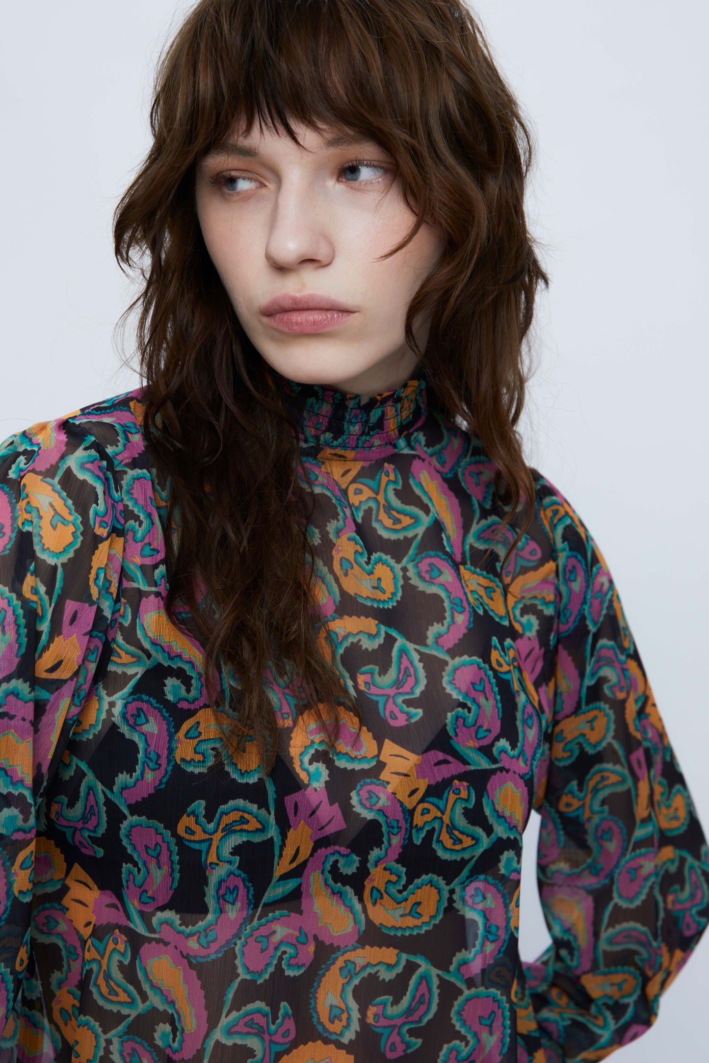 Semi-transparent blouse with multicolored paisley print