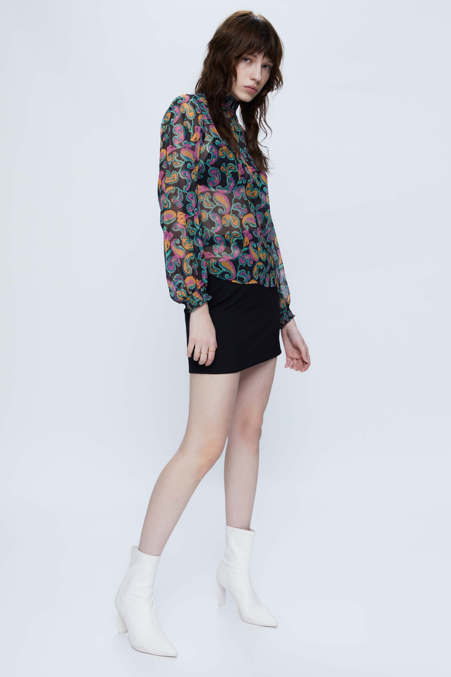 Semi-transparent blouse with multicolored paisley print